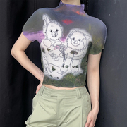 Oinkoink 艺术家蝴蝶果子合作池塘上的小熊印花褶皱衫T恤女夏