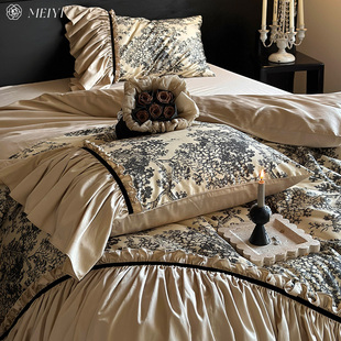 法式全棉贡缎床单四件套纯棉被套罩印花复古风花边高级感床上用品