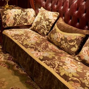 简欧美式乡村沙发垫坐垫子组合123复古欧式真皮，沙发套罩四季通用