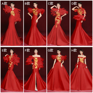 2023年中国风新娘红色羽毛，礼服演出服年会舞台走秀长袖，成人礼长裙