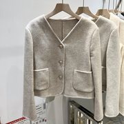 2023韩国气质显瘦纯色，v领单排扣保暖双面羊绒短外套女冬季