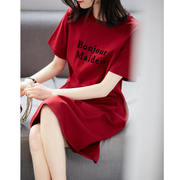 高档い红色植绒，丝光棉显瘦t恤连衣裙中长款夏季qz392136mg