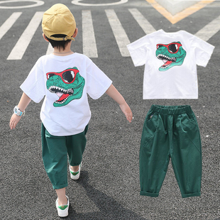 男童套装2021夏装儿童短袖，两件套纯棉洋气，中大童韩版恐龙潮衣