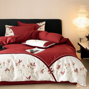 新中式婚庆床上四件套全棉，100支长绒棉印花刺绣红色结婚被套床单