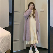 大码胖mm慵懒风时尚套装秋季紫色毛衣开衫+长袖针织连衣裙两件套