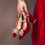 粗跟结婚鞋女2024年红色春季中式秀禾婚纱两穿新娘高跟不累脚
