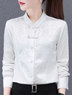 白色衬衫女立领长袖复古中国风春秋洋气上衣，打底衬衣盘扣小衫