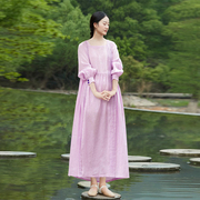 淡紫色仙气苎麻风琴褶，连衣裙知笔墨2023年轻薄长袖减龄旅行长裙