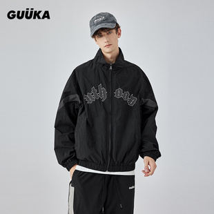 GUUKA黑色半高领夹克男秋季户外潮 青少年撞色拼接内口袋外套宽松