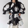 韩国chic夏季法式优雅飘带圆领重工刺绣花朵系带收腰灯笼袖衬衫女