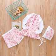 粉色女童分体游泳衣小兔儿童泳装长袖婴儿女宝宝裙式三件套装韩国