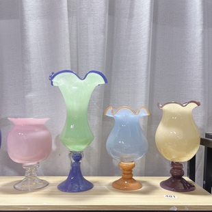 法式复古高脚铃兰风灯花瓶中古琉璃，高级艺术玻璃花器花瓶花插