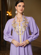 紫色长袖泡泡袖优雅长裙气质蕾丝贴花手工缝钻连衣裙中东长袍