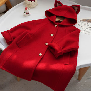 韩国童装2023秋冬新年红色，狐狸双面羊毛呢大衣，儿童加厚毛呢外套潮