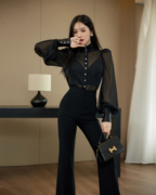 法式时尚洋气套装裤女2023秋季黑色性感镂空衬衫半身裙两件套