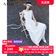 Amii2024年夏U领绑带白色连衣裙小黑裙子女设计感小众仙女裙