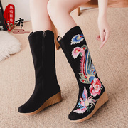 中国风长靴坡跟女靴古风绣花靴，民族风单靴坡跟，高筒靴牛筋底短靴凤