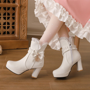 663缘）原创8厘米高跟短靴性感学生洛丽塔森女靴子萝莉软妹皮鞋40