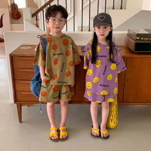 韩版儿童休闲套装夏款洋气短袖短裤男女宝宝卡通笑脸中小童两件套