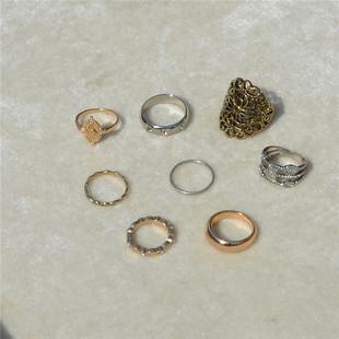 欧美复古风组合戒指套装波西米亚度假风金属做旧指环混搭个性尾戒