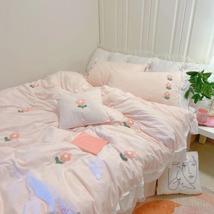 ins粉色床裙四件套纯色水洗，棉公主风，床单被套宿舍三件套少女床品
