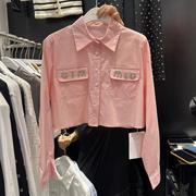 向日葵设计感短款高腰衬衣白色粉色，衬衫女夏季洋气烫钻polo领上衣