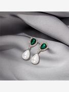 银针长款复古宫廷风时尚珍珠耳环绿宝石水滴形耳坠简约不对称耳钉