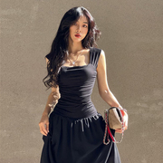 GirlsAt18 法式宽肩带雪纺吊带连衣裙女性感气质裙子黑色收腰长裙