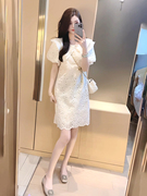 韩国法式娃娃领短袖连衣裙，女宽松镂空短裙，时尚洋气百搭直筒裙夏季