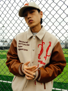 whoosis卡牌棒球皮袖棒球夹克，baseballjacket23aw机车街头