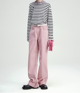 亲妈who!2024春直筒，宽松显瘦粉色休闲裤，白色条纹针织衫