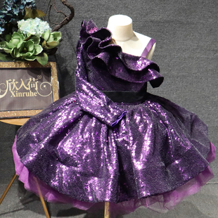 紫色高定短款蓬蓬裙单肩长袖原创设计生日聚会摄影拍摄演出艺考