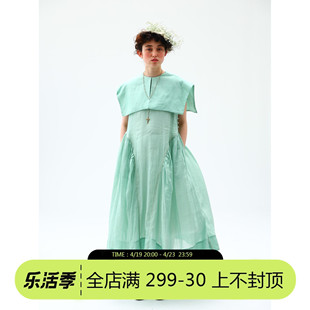 wokerker夏款日系复古绿色纯苎麻，大翻领无袖连衣裙，(含吊带裙)
