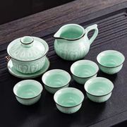 青瓷盖碗茶具陶瓷套装家用简约泡茶壶茶杯功夫茶道小号三才盖碗