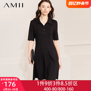 Amii2024夏极简通勤风翻领修身罗马布弹力短袖套头连衣裙女