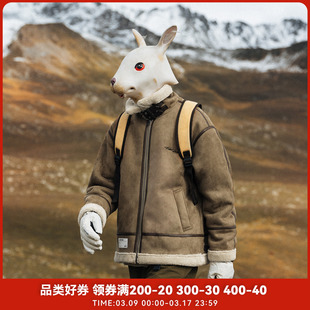 RabbitHouse 冬季撞色麂皮绒加厚保暖羊羔毛棉衣外套男士宽松棉服