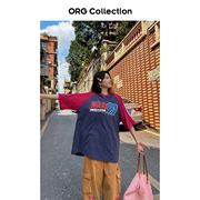 ORG Collection美式复古拼接短袖t恤夏装撞色宽松做旧印花半袖潮