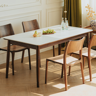 物应岩板餐桌黑胡桃木实木长方形饭桌北欧家用小户型餐桌椅组合