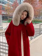 小魔女全羊毛系带狐狸大毛领双面呢大衣女秋冬中长款毛呢红色外套