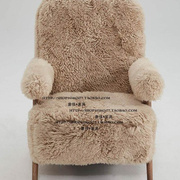 定制北欧简约美式实木橡木，复古做旧羊羔绒，布艺单人位沙发椅洽谈椅