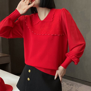 氛围感本命年红色蕾丝衫漂亮洋气小衫2024春遮肚子设计感上衣