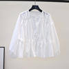 褶皱设计白色小衫女棉布娃娃衫，2023春季韩版时尚宽松长袖衬衣上衣