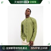 香港直邮潮奢asos男士设计常规，亚麻小立领，绿色衬衫(卡其色)