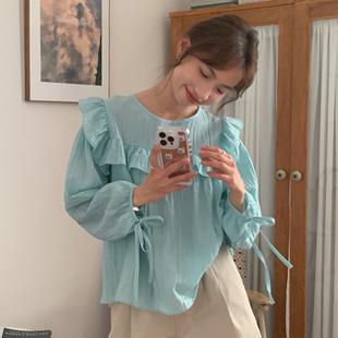 韩国chic夏季法式甜美圆领拼接荷叶，边后背系带，宽松泡泡袖衬衫女