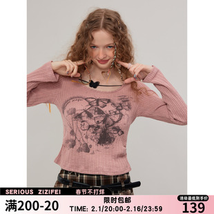 zizifei春秋季美式复古蝴蝶，印花上衣针织打底衫，修身显瘦长袖t恤女