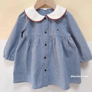春秋韩版童装女童纯棉蓝色开衫，竖条纹长袖，连衣裙宝宝儿童裙子