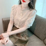 韩版花边圆领泡泡短袖雪纺衫女装夏季气质镂空提花小衫设计感上衣