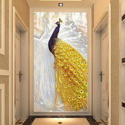 欧式3d玄关过道走廊，背景墙壁纸简约5d立体孔雀，装饰壁画影视墙布
