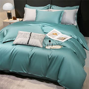 纯色长绒棉素色床上用品简约双拼，纯棉被套床，单式床笠60支四件套