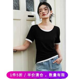 徐莫西(徐莫西)设计感天丝羊毛黑白假两件圆领，上衣短袖t恤女夏内搭打底衫